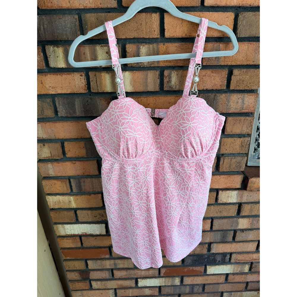 Pink Floral Embroidered Tankini Top Pearl Detail Swimwear XXL